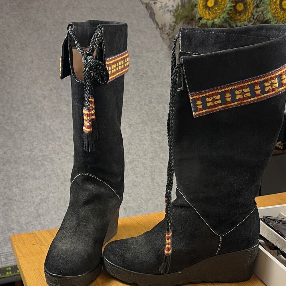 Marc Jacobs Black Suede Mid-Calf Platform Wedge Pull-On Boots Tassel US 7